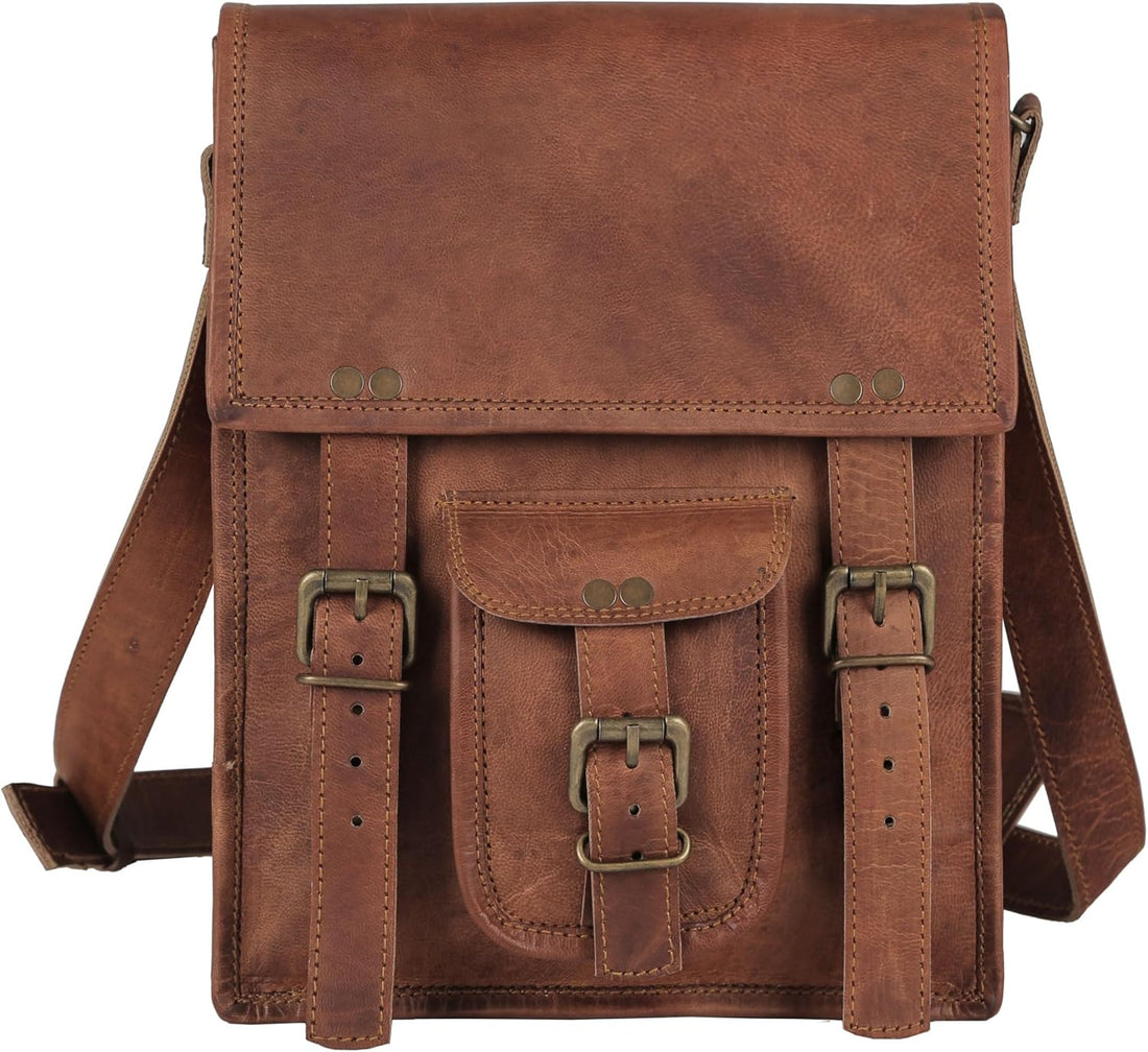 KomalC Full-Grain Leather 11-Inch Messenger Bag in Brown