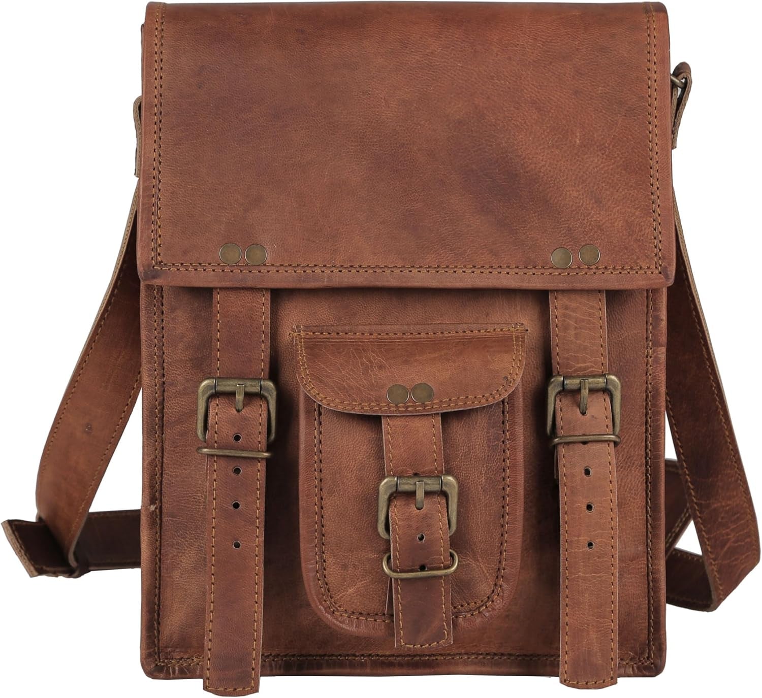 KomalC Full-Grain Leather 11-Inch Messenger Bag in Distressed Tan Pocket