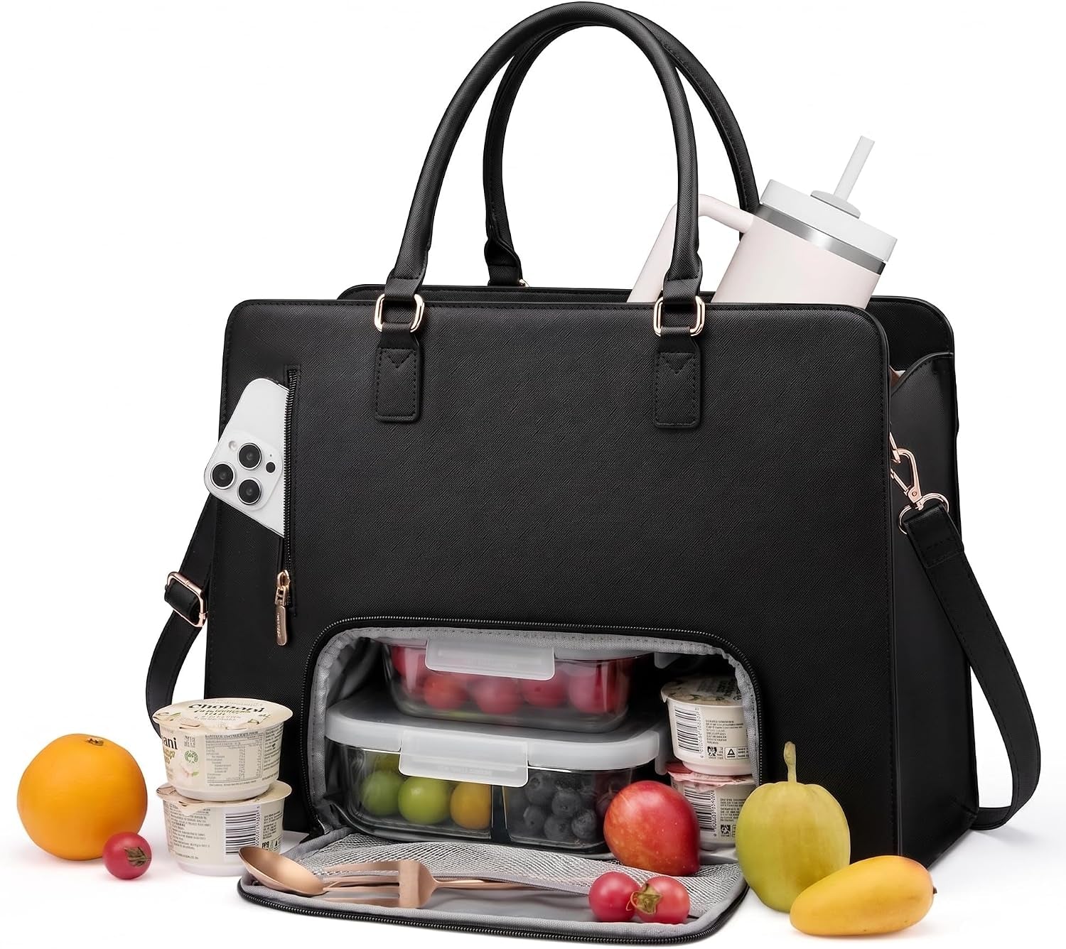 LOVEVOOK Women's Laptop Tote with Tumbler Pocket in Black-White-Brown-Up