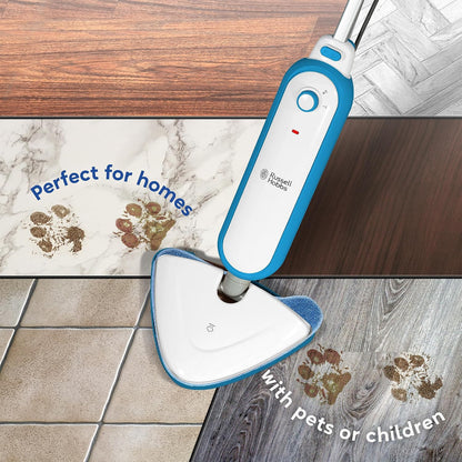 Russell Hobbs Upright Steam Mop, 1.4kW Power, 380ml Water Tank, 30-Second Heat-up, 15-Minute Run-Time, Sealed Hard Floors, Tiles, Vinyl Flooring, Carpets, Rugs in White & Aqua, RHSM1001-G