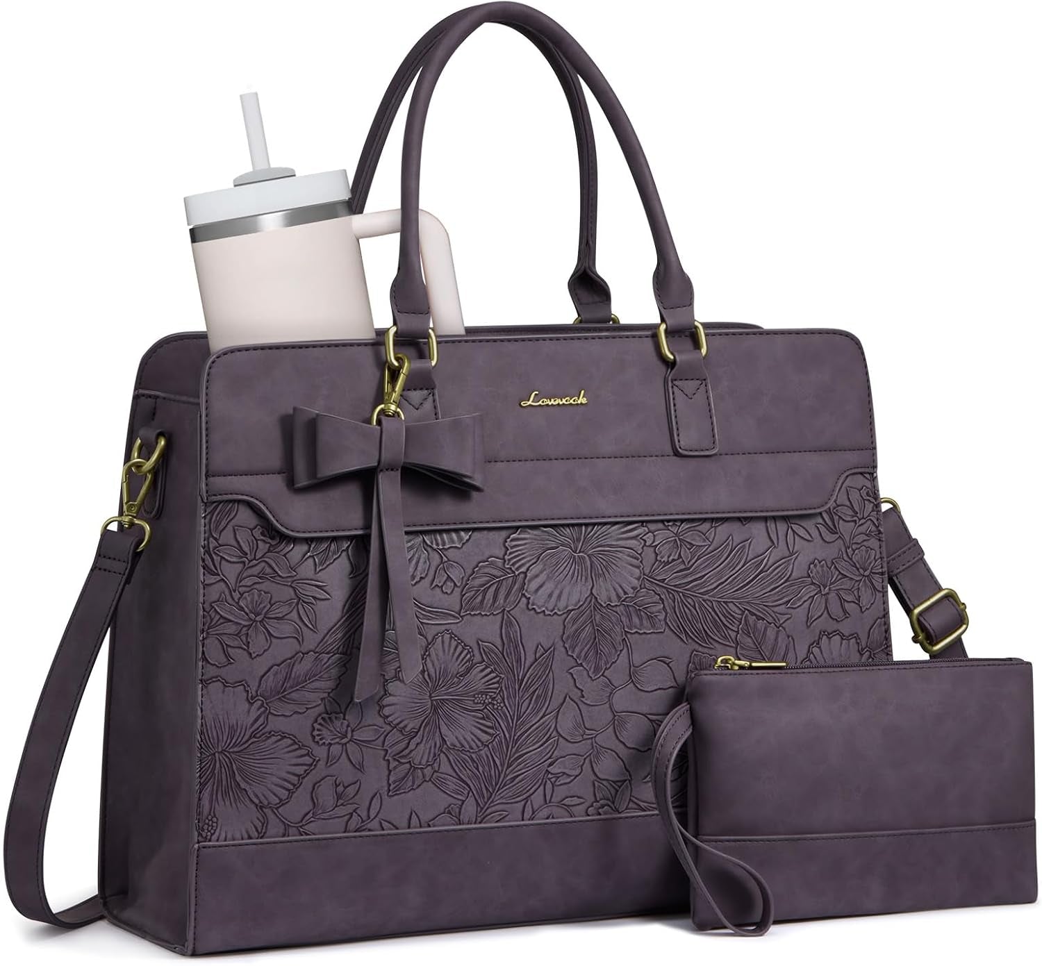 LOVEVOOK Women's Laptop Tote with Tumbler Pocket in Embossed Brown