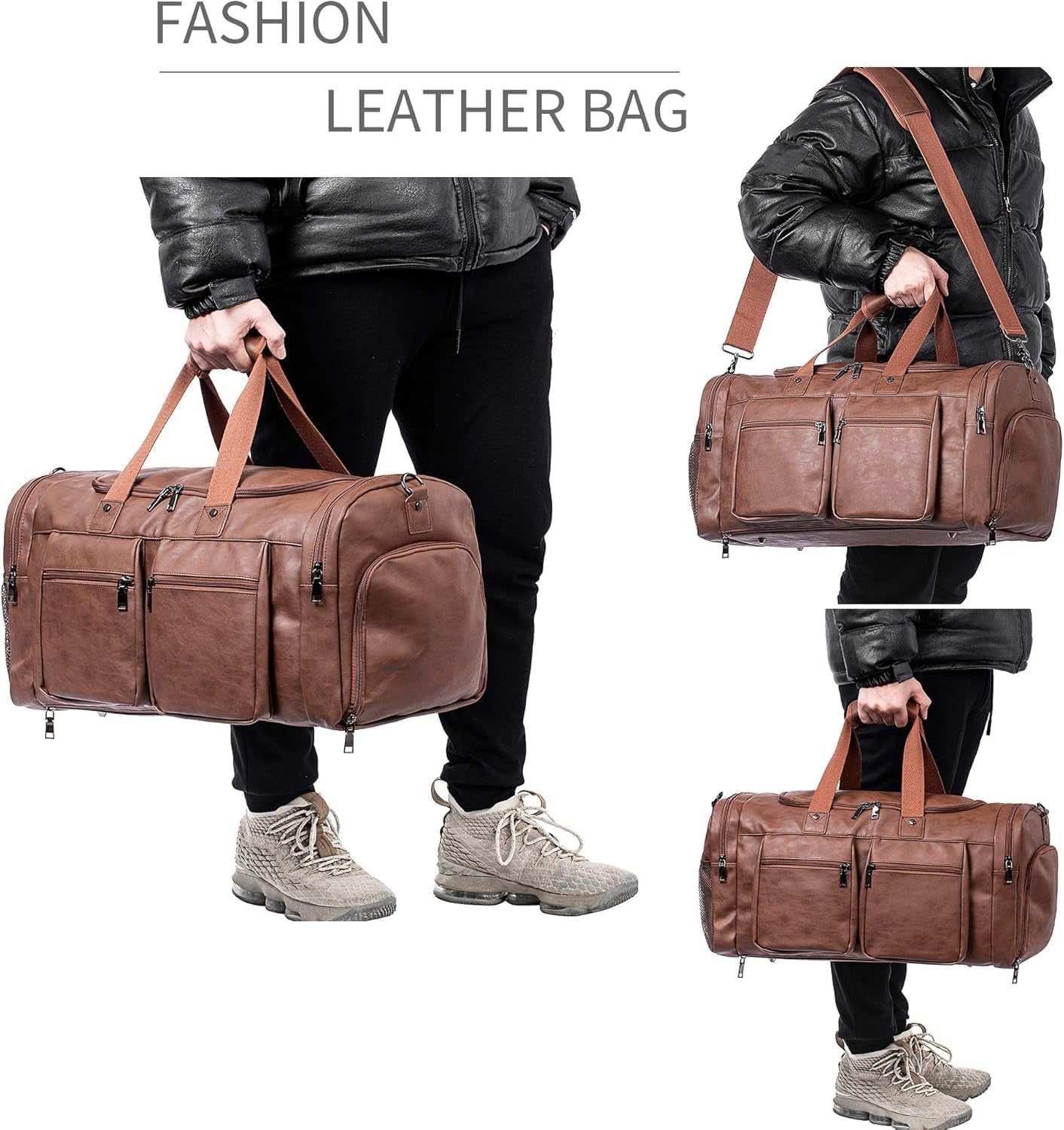 seyfocnia 52L PU Leather Weekender Duffel Bag
