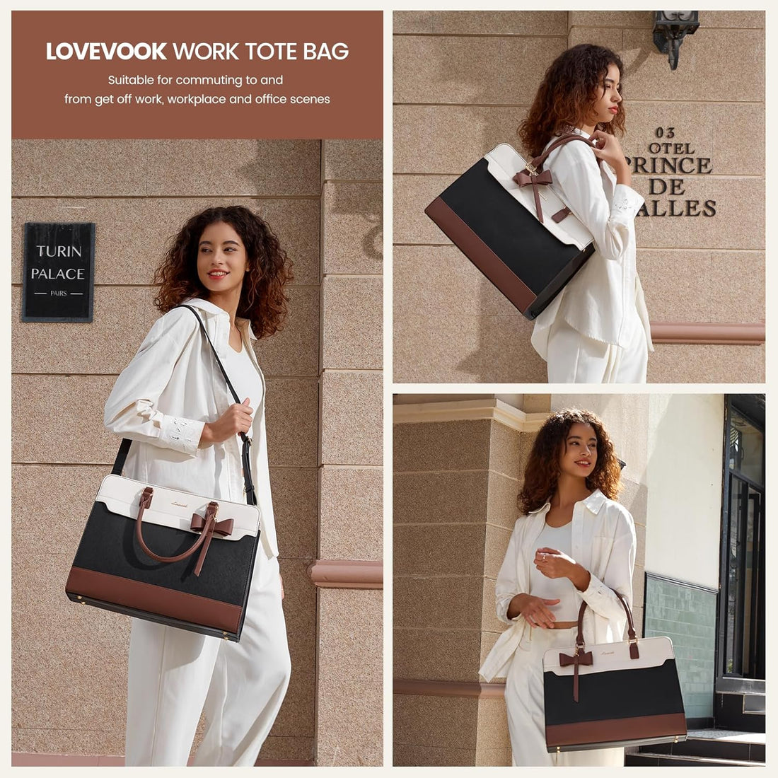 LOVEVOOK Women's Laptop Tote with Tumbler Pocket in Black-White-Brown-Up