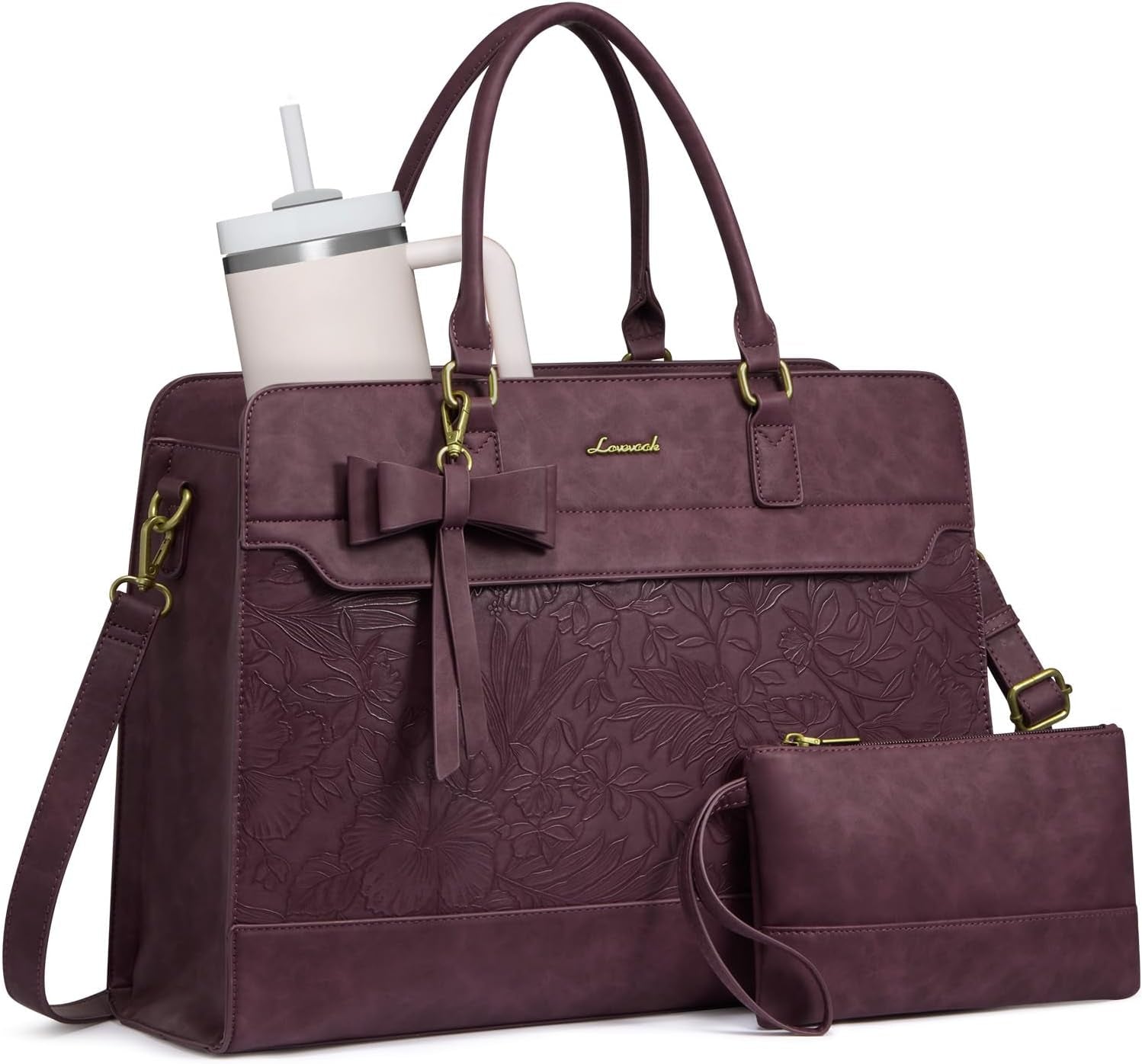 LOVEVOOK Women's Laptop Tote with Tumbler Pocket in White-Brown-Up