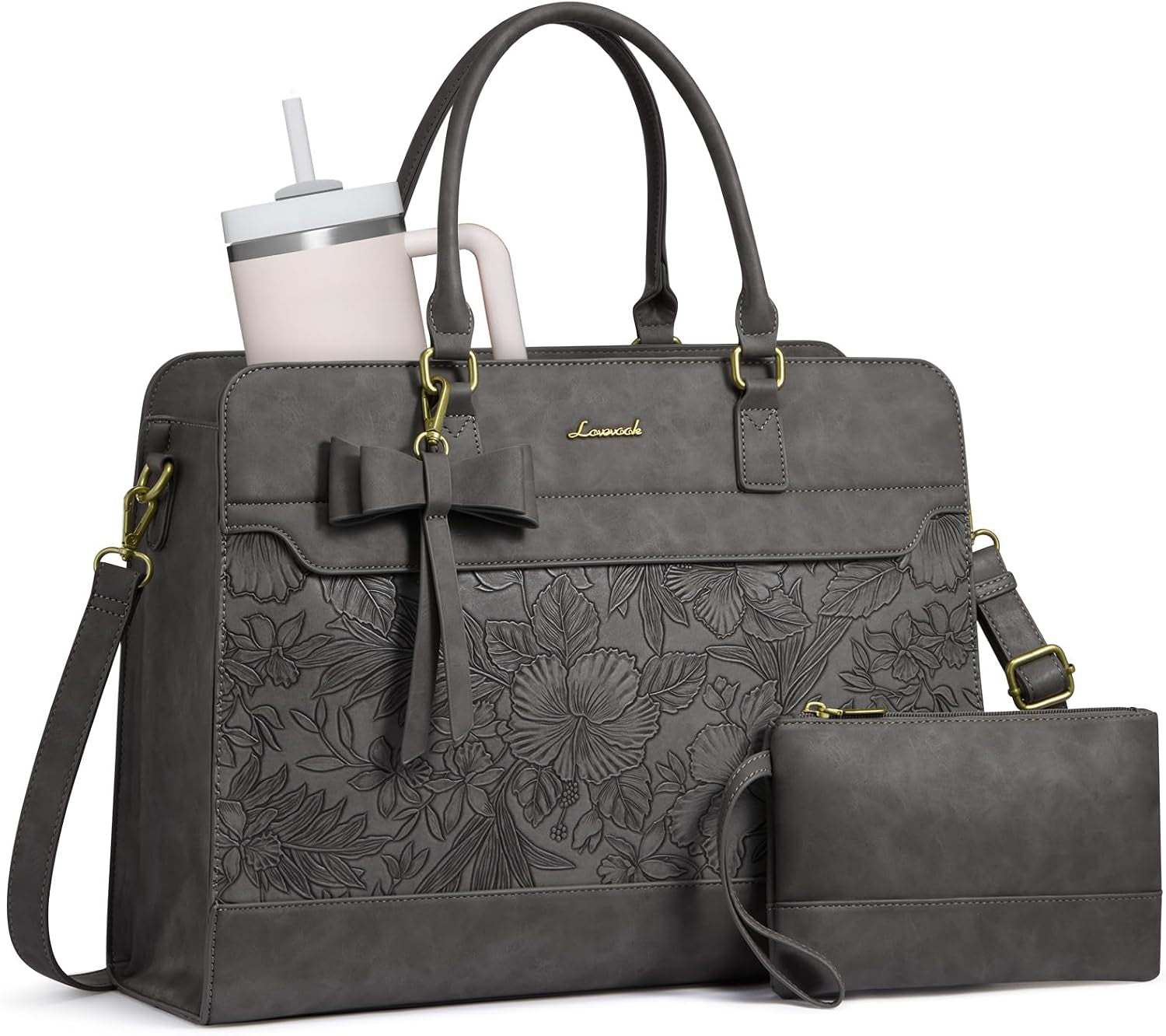 LOVEVOOK Women's Laptop Tote with Tumbler Pocket in Black-Purple-Up