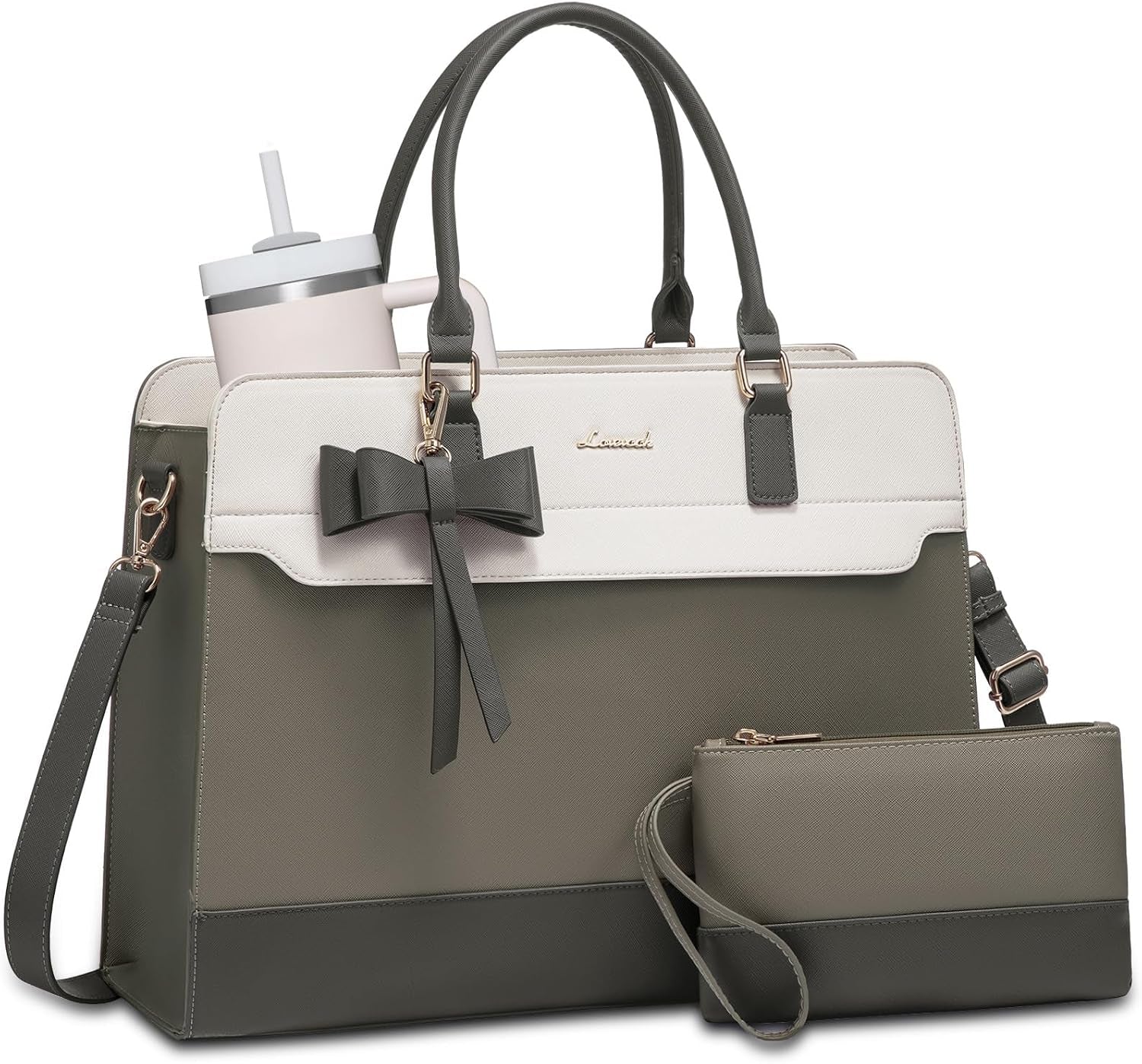 LOVEVOOK Women's Laptop Tote with Tumbler Pocket in Black-White-Brown-Lunch