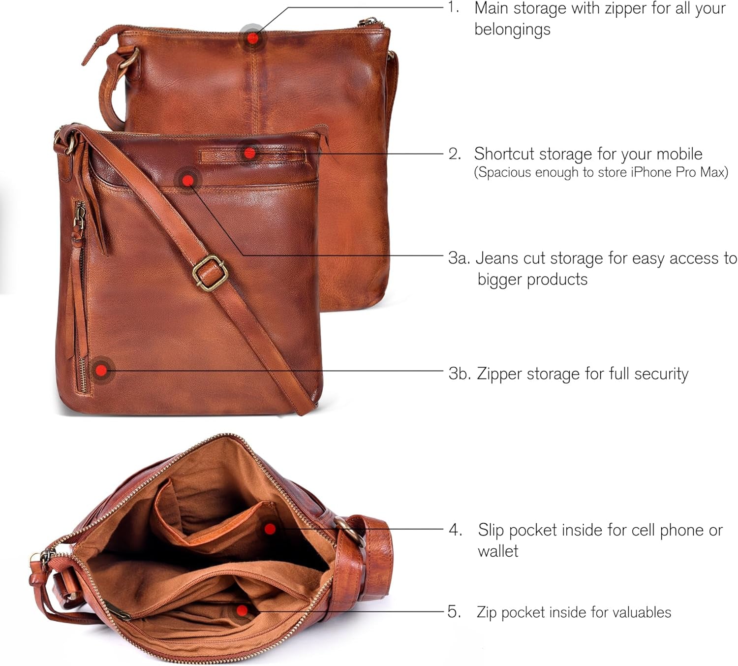 Oak Leathers Women's Genuine Leather Crossbody Bag in Red 5