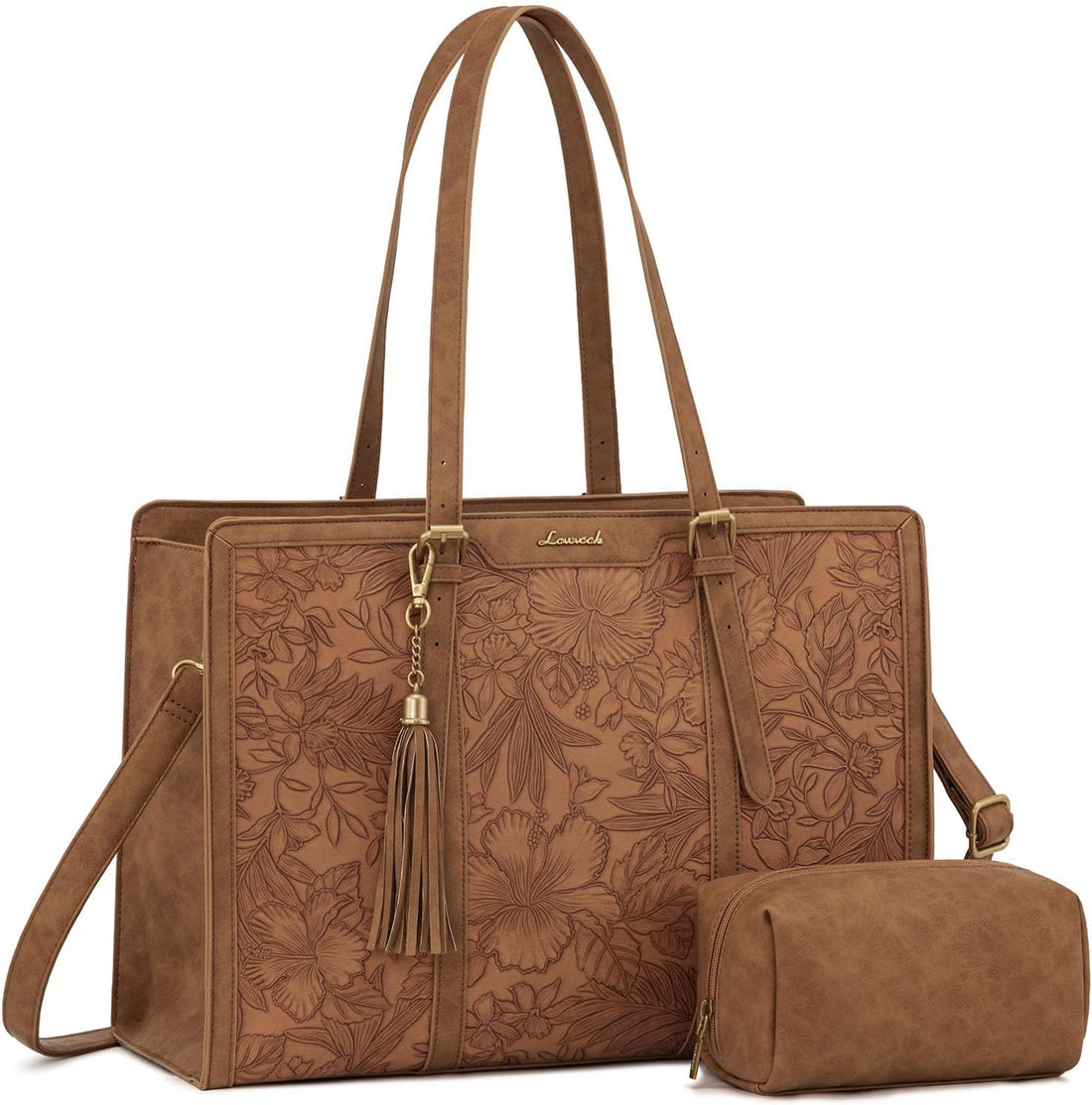 LOVEVOOK Women's 15.6-Inch Laptop Tote with Cup Holder in Retro Embossed Brown