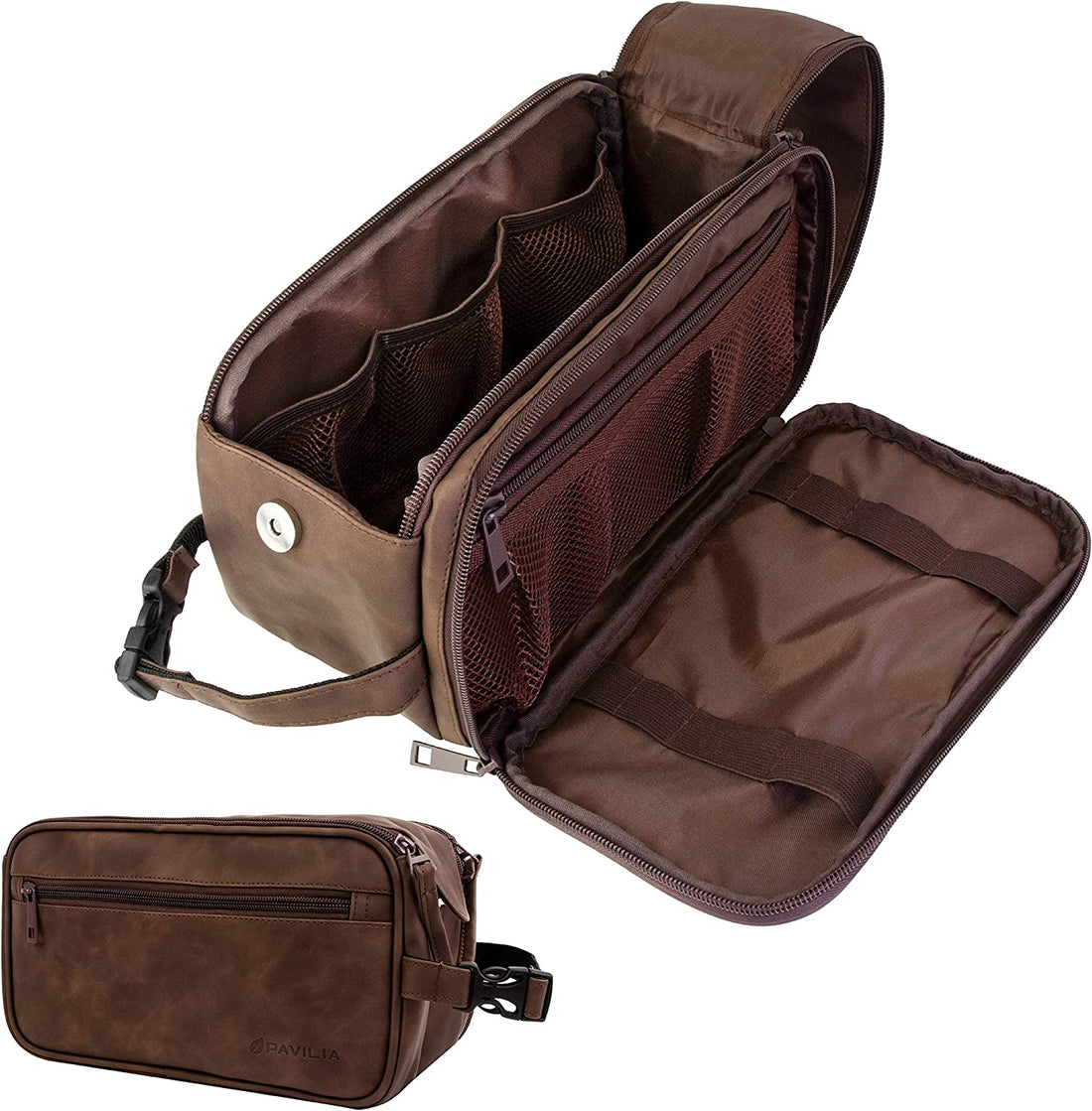 PAVILIA Men's PU Leather Toiletry Bag in Dark Brown