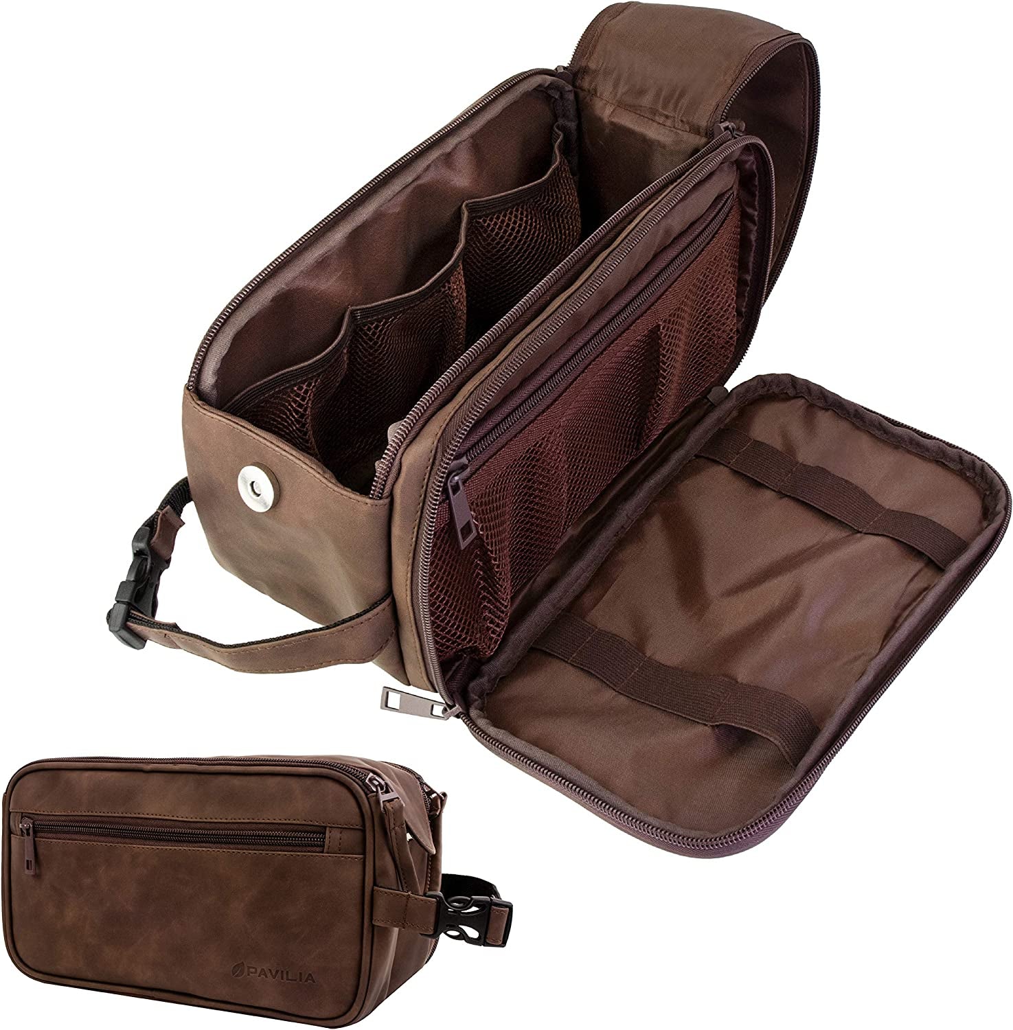 PAVILIA Men's PU Leather Toiletry Bag in Dark Brown