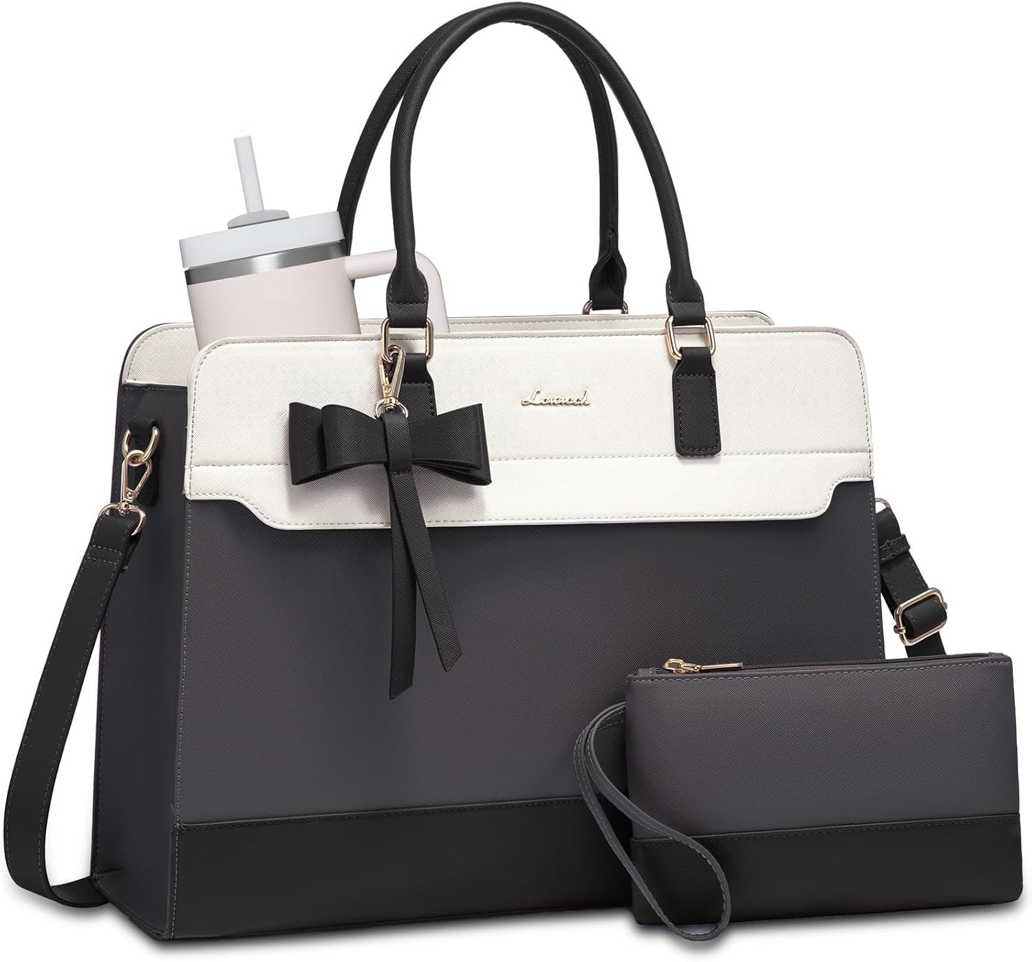 LOVEVOOK Women's Laptop Tote with Tumbler Pocket in Embossed Light Gray