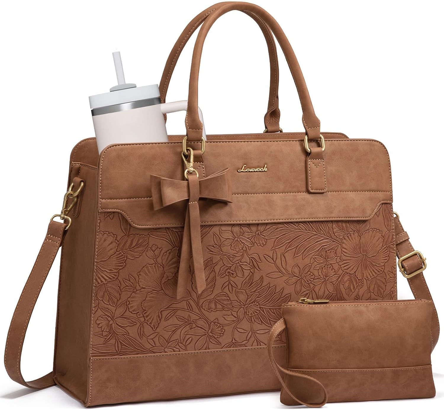 LOVEVOOK Women's Laptop Tote with Tumbler Pocket in Brown Cow Print